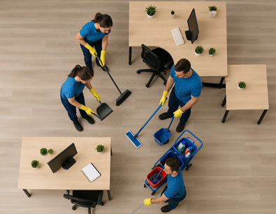 Reinigungsteam wischt den Boden in einem modernen Büro aus der Vogelperspektive