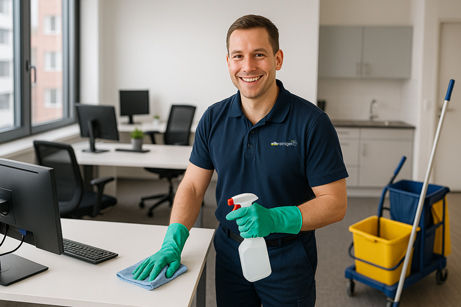 Ein lächelnder Mann in Arbeitskleidung reinigt ein modernes Büro in Hamburg mit Handschuhen und Sprayflasche.