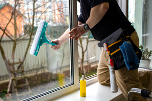 Glasreinigung in Hamburg – Reinigungskraft säubert ein großes Fenster mit professionellem Fensterwischer und Reinigungszubehör.