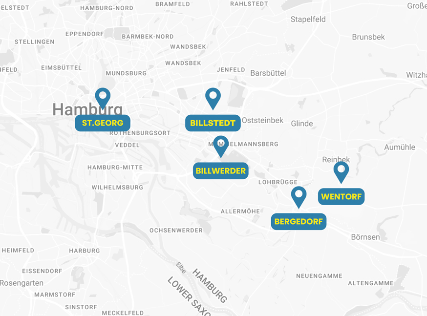 Karte mit den Einsatzgebieten des Reinigungsdienstes Elbreiniger in Hamburg und Umgebung