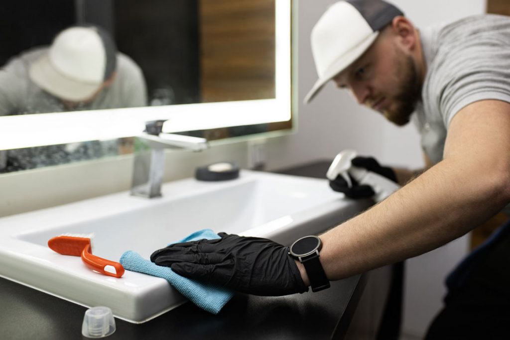 Sanitärreinigung in Hamburg – Reinigungskraft säubert ein Waschbecken gründlich mit Sprühreiniger und Mikrofasertuch.