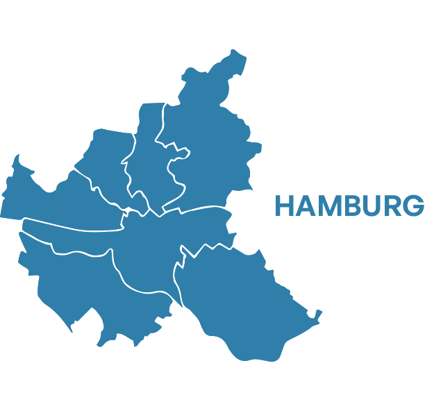 Karte von Hamburg mit Stadtteilen – Einsatzgebiet für Reinigungsdienste.