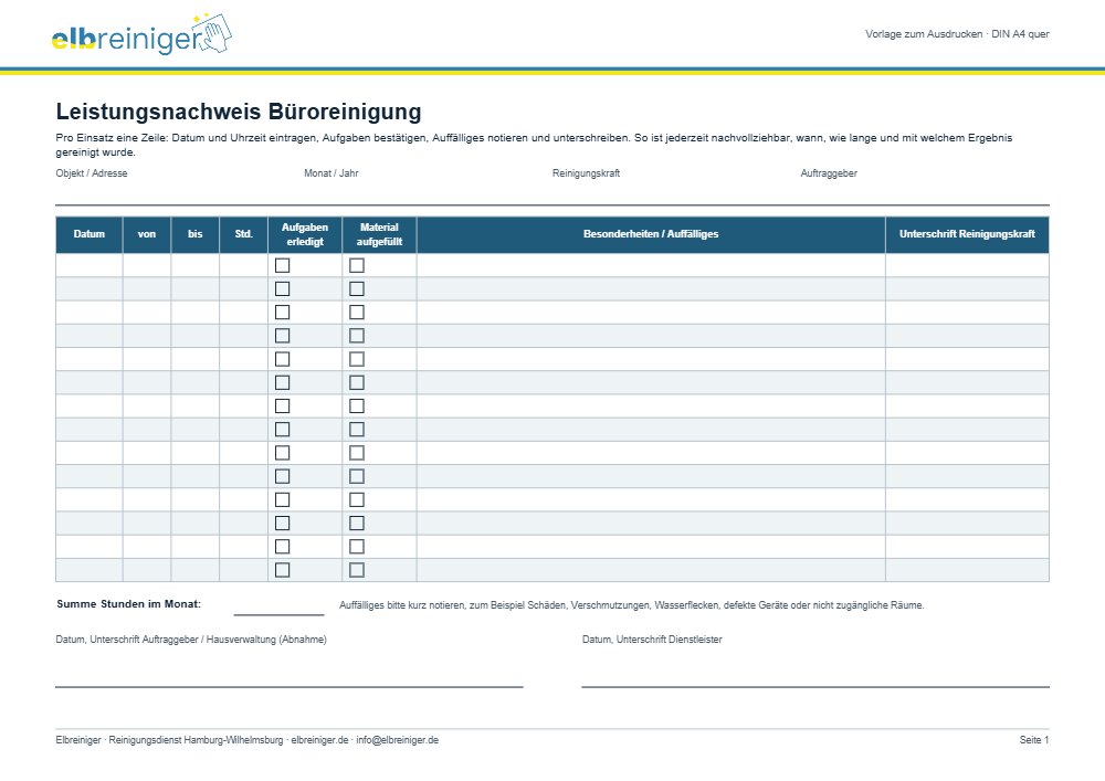 Leistungsnachweis Büroreinigung mit Arbeitszeit, Besonderheiten und Unterschrift als PDF-Vorlage zum Ausdrucken