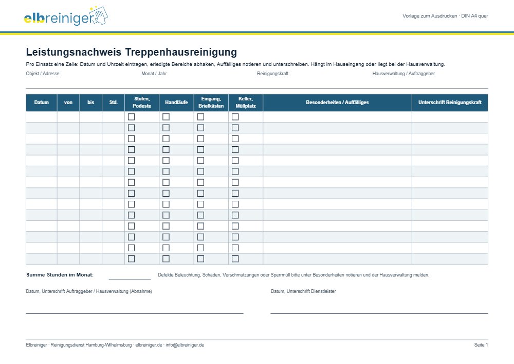 Leistungsnachweis Treppenhausreinigung mit Arbeitszeit, Besonderheiten und Unterschrift als PDF-Vorlage zum Ausdrucken