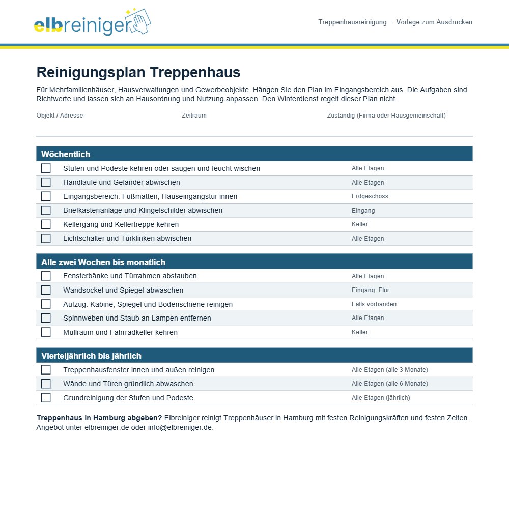 Reinigungsplan für das Treppenhaus als PDF-Vorlage zum Ausdrucken mit Abzeichnungsliste
