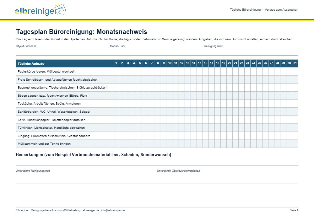 Tagesplan für die tägliche Büroreinigung als Monatsnachweis zum Ausdrucken