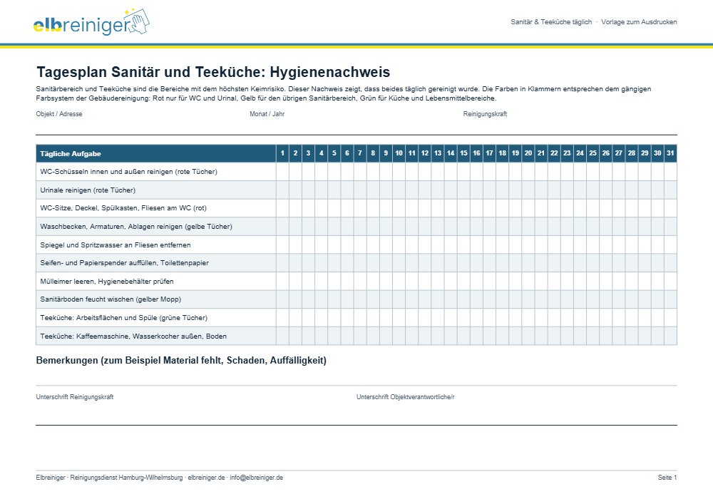 Hygienenachweis für die tägliche Reinigung von Sanitärbereich und Teeküche als PDF-Vorlage