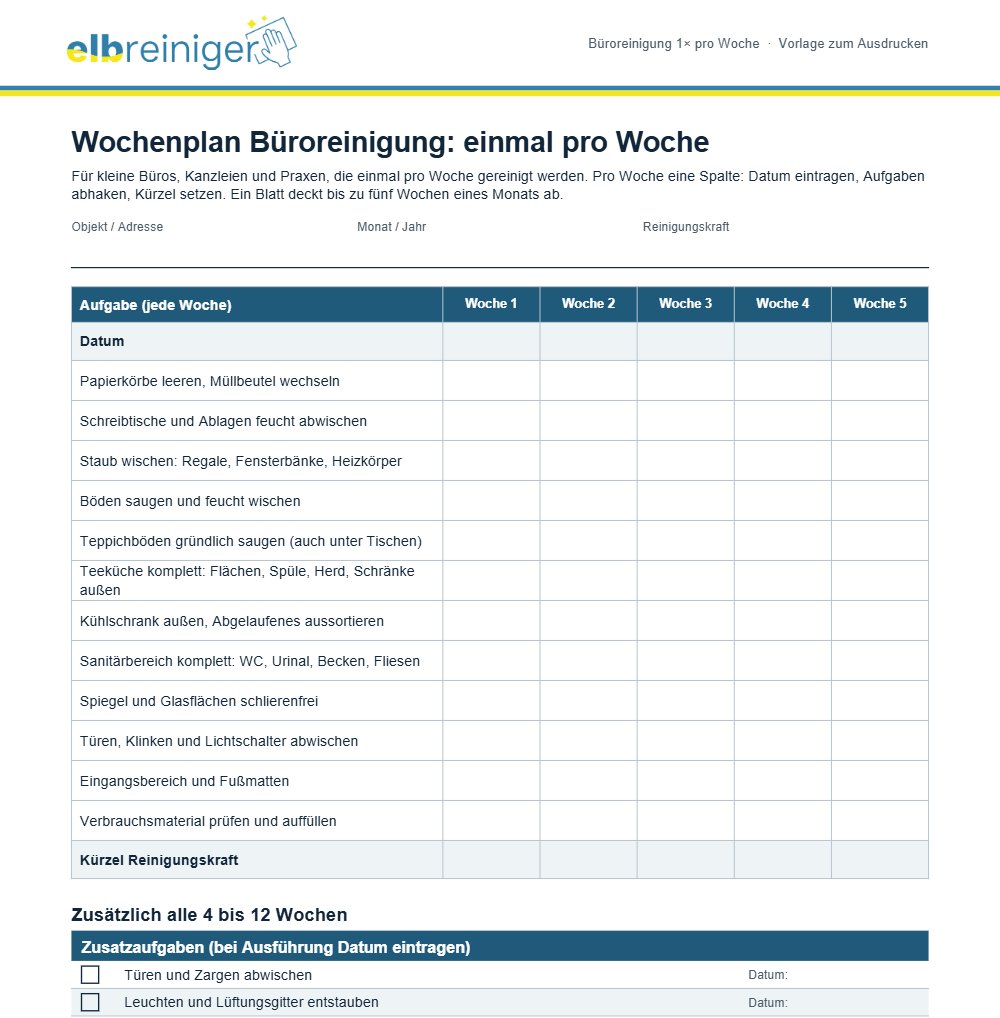 Wochenplan für die Büroreinigung einmal pro Woche als PDF-Vorlage zum Ausdrucken